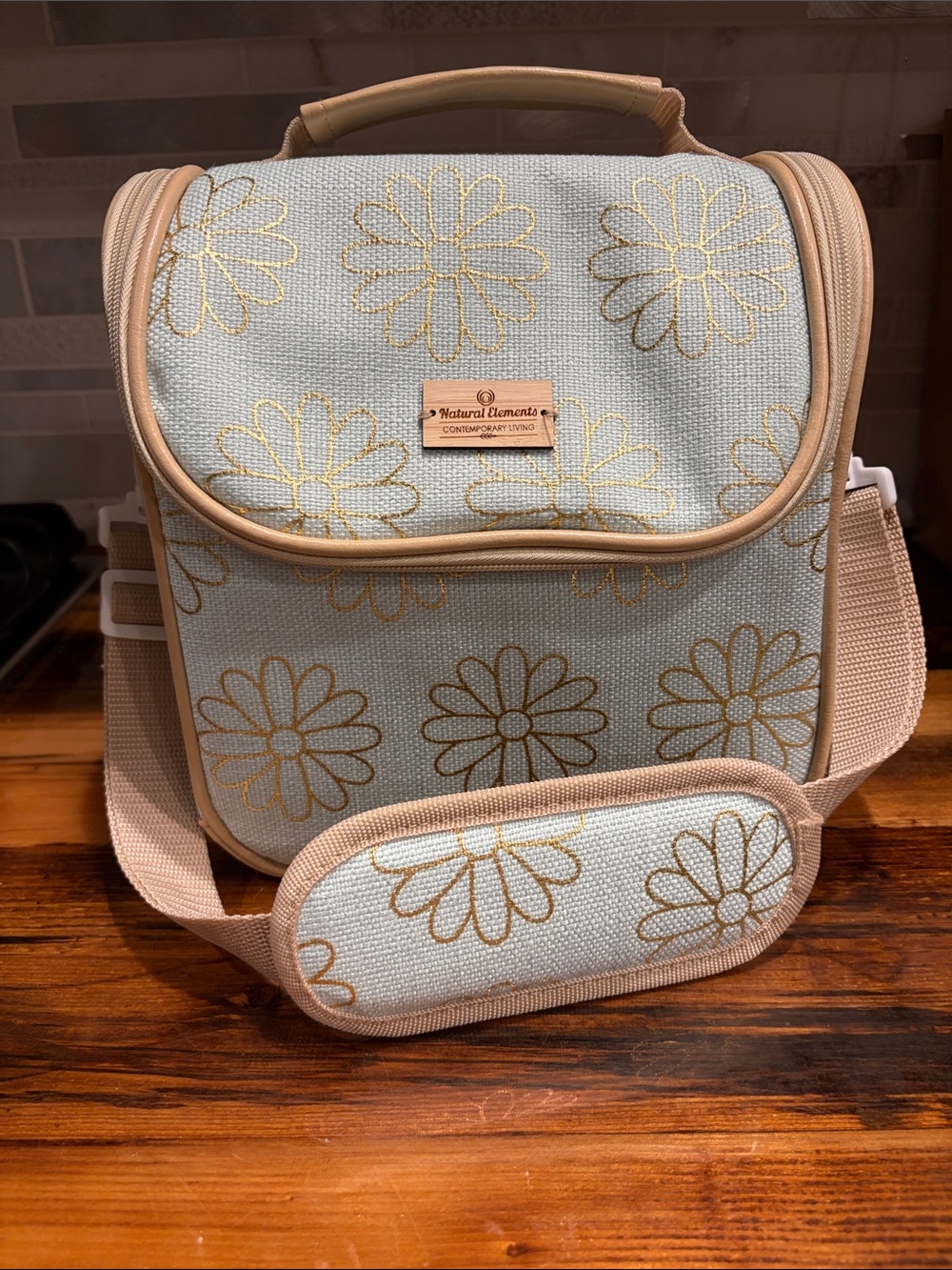 Cream & Sea Blue Daisy Cooler Tote Bag